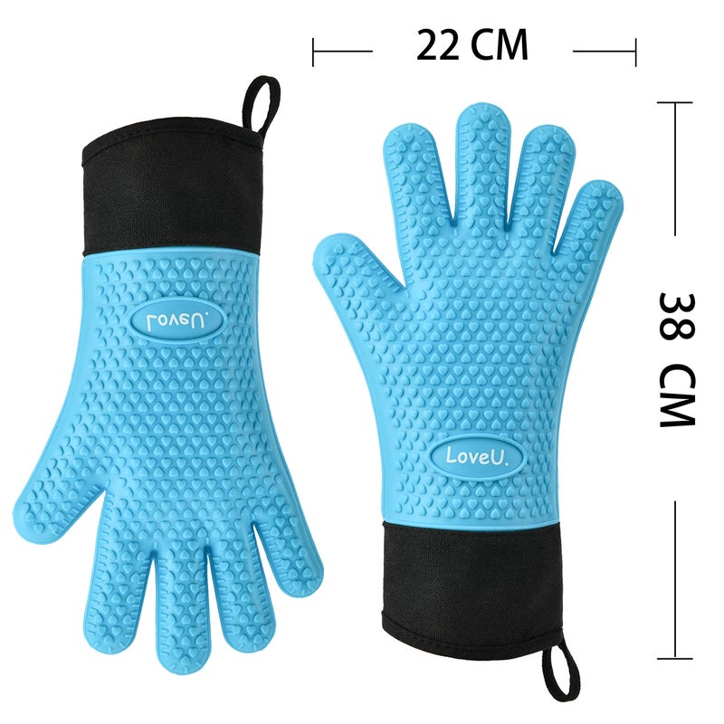 Loveuing Kitchen Oven Gloves - Silicone and Cotton Double-Layer Heat Resistant Oven Mitts/BBQ Gloves/Grill Gloves - Perfect for Baking and Grilling (XL-XXXL, Blue) - Image 2